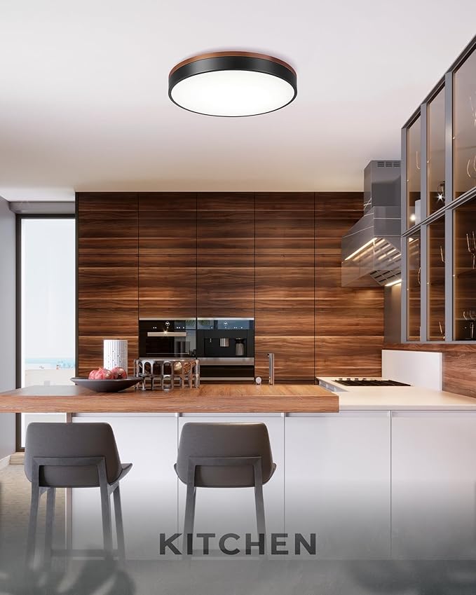 Ken & Ricky 16 Inch Wood Flush Mount Ceiling Light,Modern Led Ceiling Light Fixtures Ceiling Mount, 24W 3000K-6500K Color Dimmable for Bedroom Kitchen Bathroom Hallway 1PK
