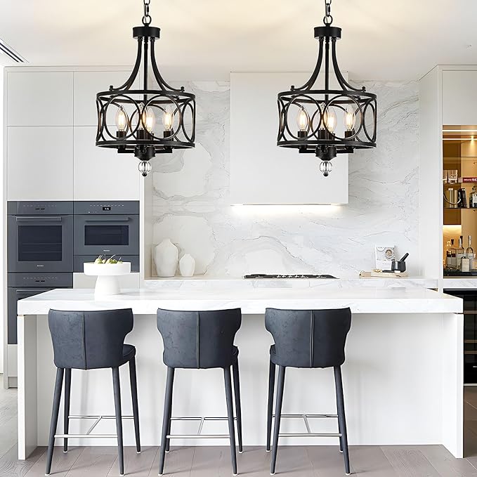 4-Light Chandelier,Round 11.2in,E12 Base - Black Metal Farmhouse Lantern Pendant Light Fixture,Adjustable Hanging Ceiling Lighting,for Kitchen Island,Bedroom,Entryway,Dining Room
