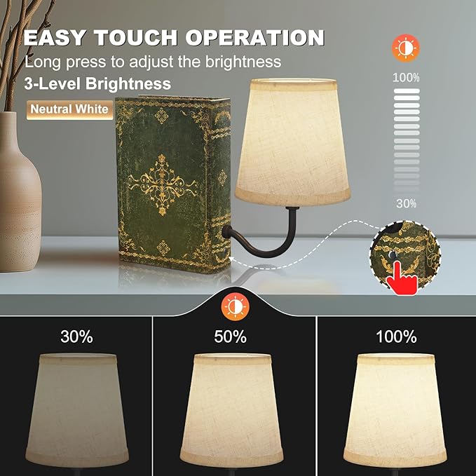 Vintage Bookshelf Lamp Rechargeable, Cordless Book Lamp with Linen Shade, Dimmable Touch Control Table Lamp, Modern Decorative Bookend, Bookshelf Lights for Office Home, Library, Study