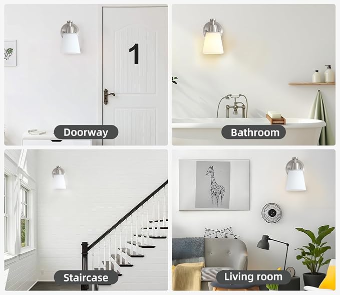 1-Light Bathroom Vanity Light Set of 2, Brushed Nickel Finish Wall Sconce with Milk Glass, Over Mirror, for Bathroom Vanity