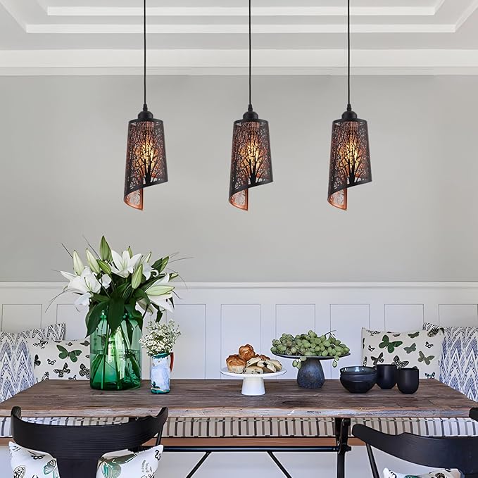 Industrial Black Pendant Light Fixture Vintage Mini Black Pendant Lighting with Gold Finish Rustic Hollow-Carved Small Pendant Light for Kitchen Island, Dining Room, Bedroom, 3 Pack