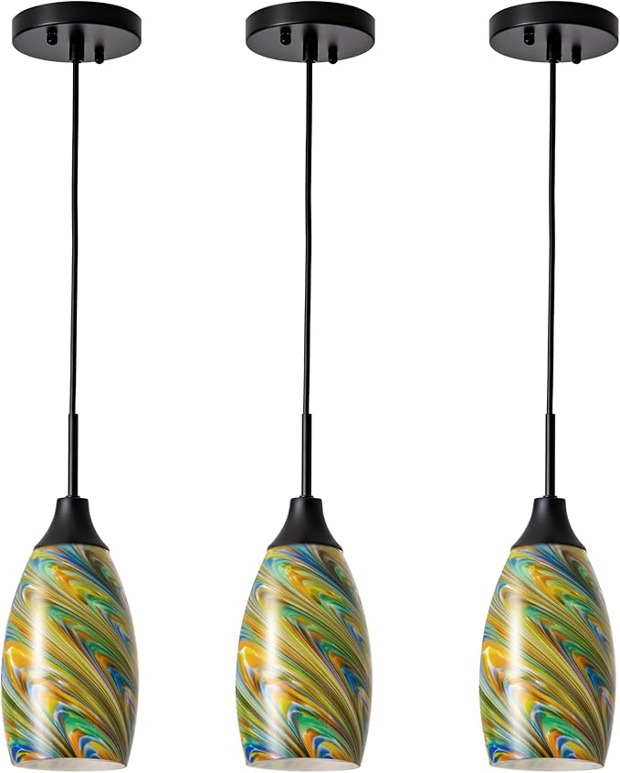 Viinew Mini Glass Pendant Light 4.72" Oval Pendant Lights 3-Pack Handblown Colorful Art Glass Hanging Pendant Light for Kitchen Island Dining Room Living Foyer Hallway Entry Matte Black Metal