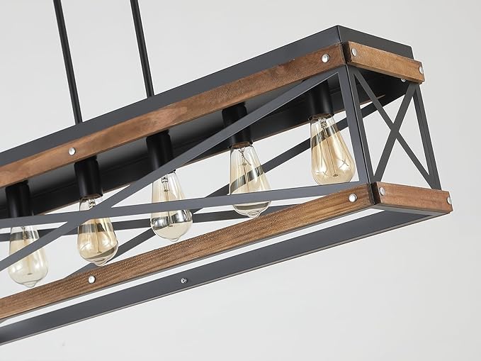 Rustic Farmhouse Plug in Kitchen Island Lighting, 6 Lights Rectangular Pendant Light Fixture with Adjustable Chain, Dimmable Switch, Oak Wood and Metal Linear Chandelier for Dining Room Home, Black