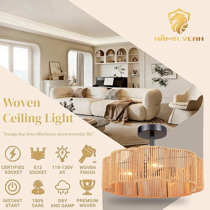 Hamilyeah 16 Inch Boho Semi Flush Mount Ceiling Light, Woven Scalloped Shade Ceiling Fixture with 3-Light E12 Base, Black Decorative Ceiling Light for Bedroom, Entryway, Kitchen, Hallway
