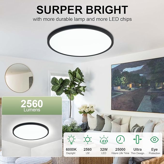 LED Flush Mount Ceiling Light: 16 inch 1Pack Super Slim Dimmable & 5CCT (2700-6500K) Kitchen Lighting Fixtures Ceiling - 32W Black Low Profile Ceiling Lamp for Bedroom Garage Hallway