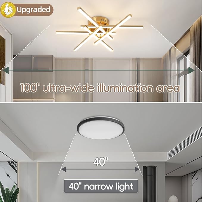CANEOE Modern Led Ceiling Light,6-Lights Gold Sputnik Semi Flush Mount Ceiling Light, Modern Chandelier Ceiling Lighting Fixtures for Bedroom Living Room Dining Room Kitchen Office Ceiling Lamp