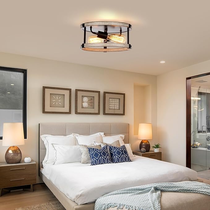 2 Pack Farmhouse Flush Mount Ceiling Light Fixture, 12.5 Inch 2-Light Rustic Ceiling Mount Light Fixtures, Round Drum Oak Wood Finish Flush Mount Lights for Kitchen Bedroom Hallway Dining Room