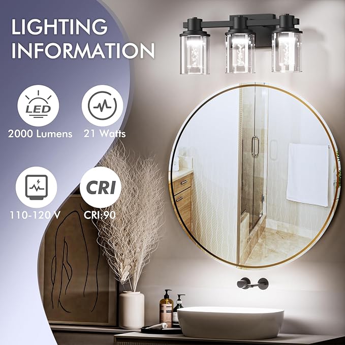 Quntis 3-Light Black Bathroom Light Fixtures with 5 Color Modes, 16 Inch Dimmable Modern Vanity Lighting Fixture Over Mirror, 21 Watts Eye Protection LED Wall Lamp (UL Certified, Bulbs Included)