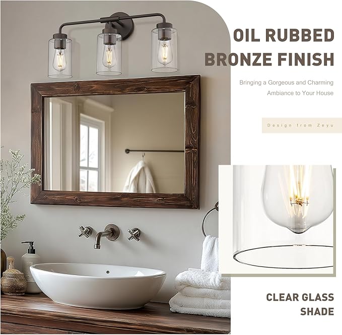 zeyu 3-Light Farmhouse Bathroom Light Fixtures, 22 Inch Bathroom Vanity Light with Clear Glass Shade, Oil Rubbed Bronze Finish, ZS62B-3W ORB
