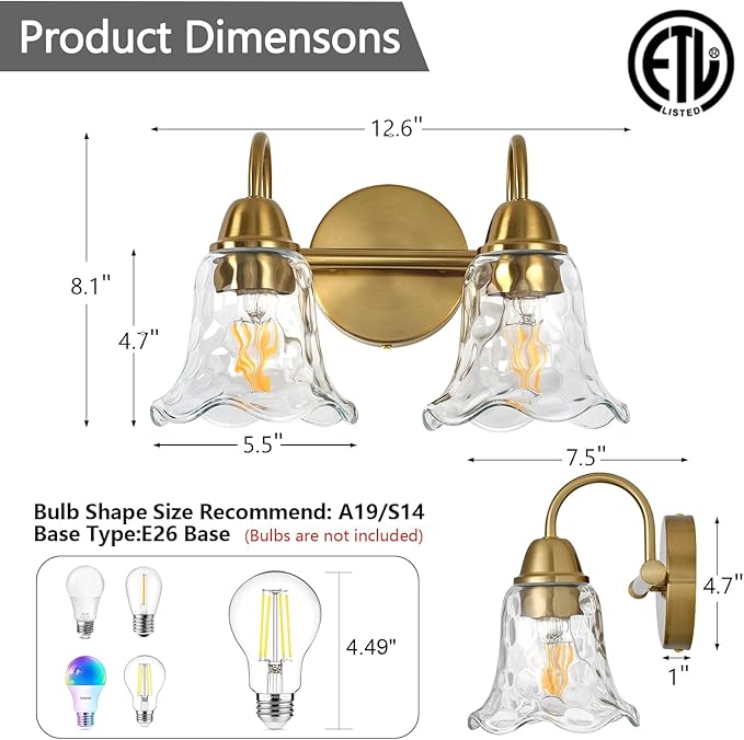 Bathroom Light Fixtures Over Mirror, 2 Lights Vintage Wall Sconces with Hammered Glass Shade, 12.6" Gold Bathroom Wall Light Fixtures for Bedroom, Porch, Hotel, Mirror Cabinet