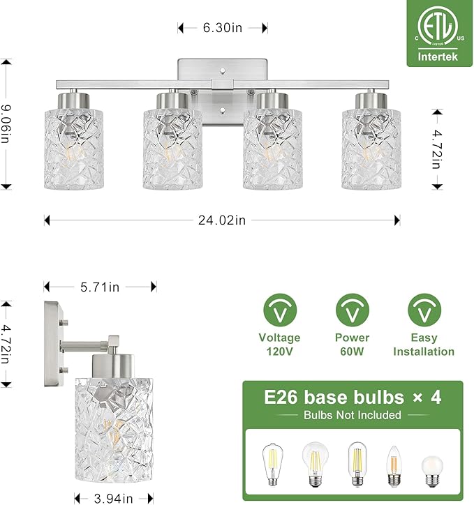 Brushed Nickel Bathroom Light Fixtures, 3-Light Modern Bathroom Vanity Wall Light, Vanity Lights for Mirror, Wall Sconces with Clear Textured Glass (E26 Socket, Bulbs Not Included)