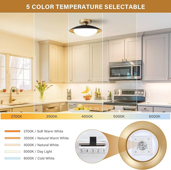 Dimmable Modern Mid-Century Ceiling Light, Black and Gold LED Semi Flush Mount Ceiling Light, 5CCT 2700K-6000K Lighting Fixture Ceiling Lamp with Glass Shade for Bedroom Hallway Kitchen, 12.6in