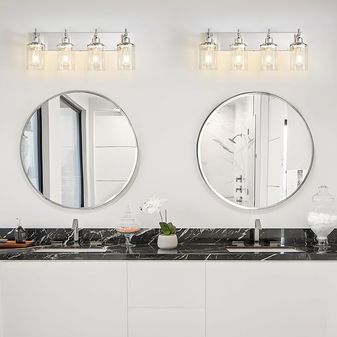 Lanhall 4-Light Brushed Nickel Bathroom Light Fixture Over Mirror Modern Bathroom Vanity Light Vintage Wall Lighting with Clear Glass Shade for Bathroom, Bedroom, Hallway, Cabinet
