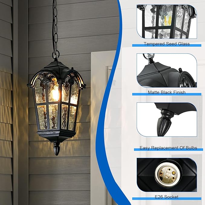 Black Outdoor Pendant Lights for Porch Hallway Patio, Aluminium Exterior Hanging Light Fixture, Outside Waterproof Vintage Hanging Lantern Light, Height Adjustable Outdoor Pendant Lamp