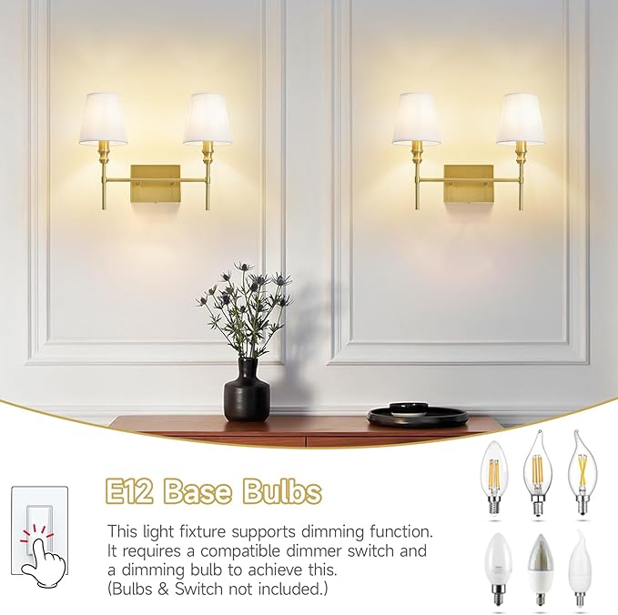 Bathroom Light Fixtures Over Mirror,Brush Brass Vintage Wall Sconces, 2-Light Bathroom Vanity Light With Flared White Fabric Lampshade For Bedroom,Living Room,Hallway,Foyer,Hardwired, E12 Base