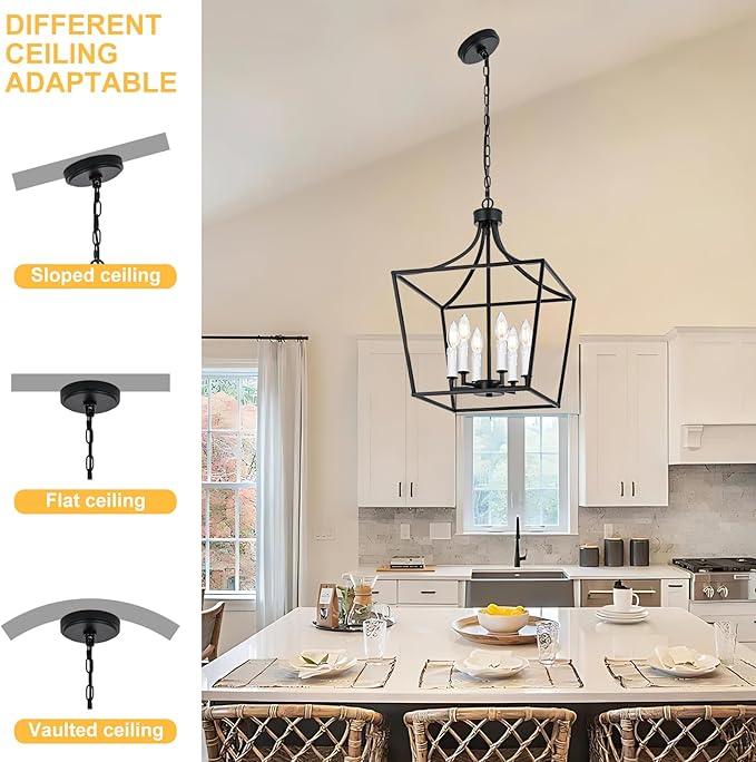 6-Light Large Classic Lantern Chandelier in Black, Height Adjustable Hanging Pendant Light Fixture for Kitchen Island Dining Room Foyer, E12 Bulb Base