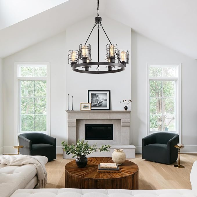 Wagon Wheel Chandelier Modern Farmhouse Pendant Light,Black Farmhouse Chandelier, 6-Light Wagon Wheel Chandelier with Adjustable Height, Dining Room Light Fixture, Hanging Lights