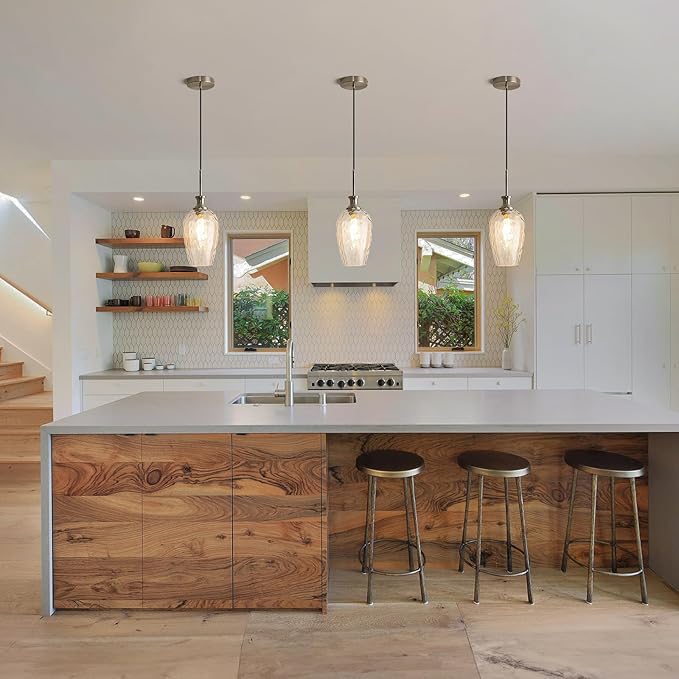 Modern Kitchen Pendant Lights,1-Light Nickel Pendant Light Fixtures with Hand-Blown Clear Glass Light Fixture for Kitchen Island Sink Dining Room Bedroom Hallway, E26 Bulb Not Includes