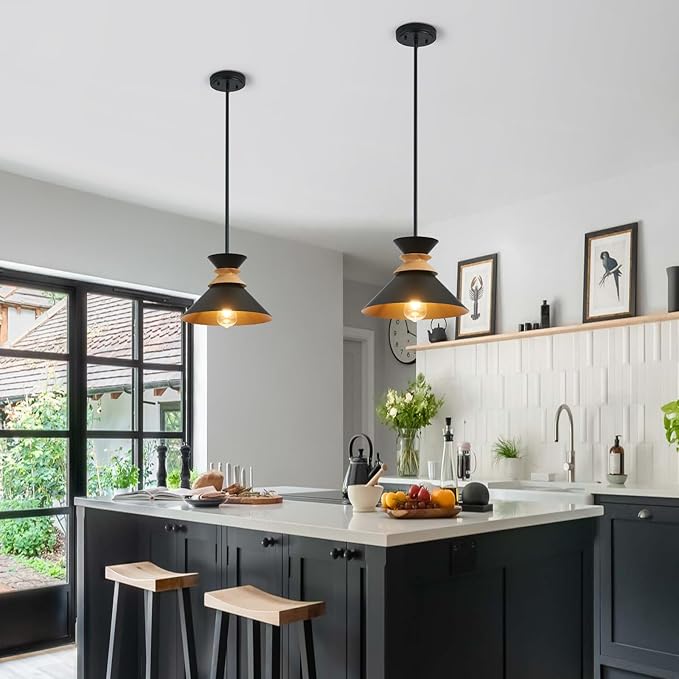 12 Inch Black Pendant Lights Kitchen Island Hanging Light Fixtures Adjustable Rod Height Pendant Lighting for Dining Room 1 Pack
