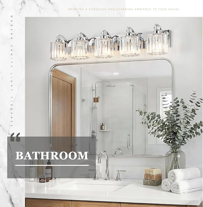 5-Light Modern Bathroom Light Fixture Chrome Vanity Lights Over Mirror Wall Sconce Lighting with K9 Crystal Shades Bathroom Wall Lamp E26 Base for Bedroom, Living Room, Hallway