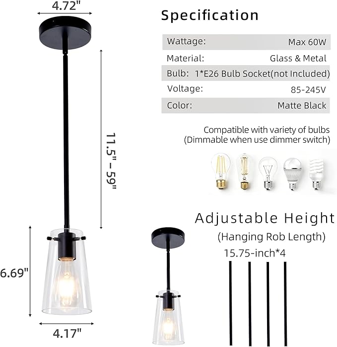 Pendant Light Fixtures, Matte Black Kitchen Ceiling Lights, Clear Glass Pendant Lights for Kitchen Island