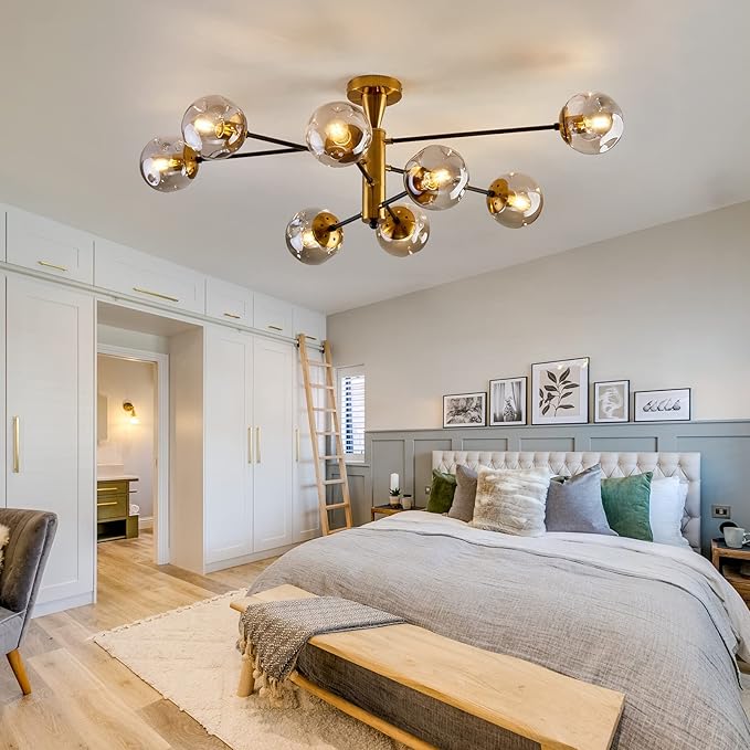 hesoge 8 Light Sputnik Semi Flush Mount Ceiling Light Fixture Mid Century Modern Chandelier with Glass Globe Black Gold Ceiling Lighting for Dinning Room Farmhouse Kitchen Bedroom Living Room