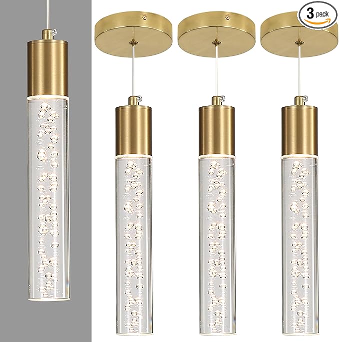 3 Pack Modern Kitchen Island Hanging Light, Gold LED Pendant Lights Fixture, Bubble Acrylic, 3 Color Temperatures, Mini Ceiling Chandelier Lighting for Dining Room, Bedroom, Foyer Entrance, Cafe Bar