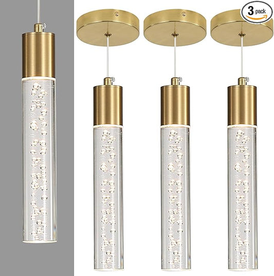 3 Pack Modern Kitchen Island Hanging Light, Gold LED Pendant Lights Fixture, Bubble Acrylic, 3 Color Temperatures, Mini Ceiling Chandelier Lighting for Dining Room, Bedroom, Foyer Entrance, Cafe Bar
