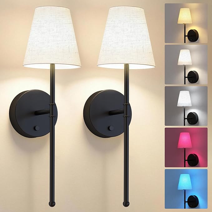LUTEC Battery Operated Wall Sconce Set of 2,Rechargeable Wall Sconce, 12 Colors Wireless Wall Sconces with 5200mAh RGB Dimmable and Remote,Rechargeable Sconces Decor for Bedroom/Living Room/Hallway