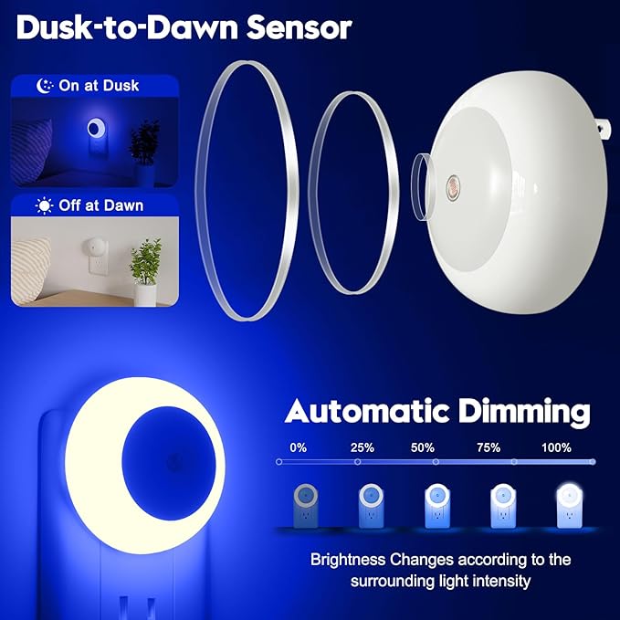 fesnne Night Light, Night Lights Plug into Wall, Dusk to Dawn Sensor, Blue Led Night Light 0.5W, 2 Pack Nightlight for Adults, Bedroom, Bathroom, Hallway, Kitchen