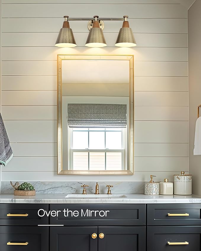 FEMILA Antique Gold Bathroom Vanity Light, 3-Lights Industrial Modern Wall Sconce Bathroom Lighting, Hammered Metal Shade Finish, 4FG59B-3W BG