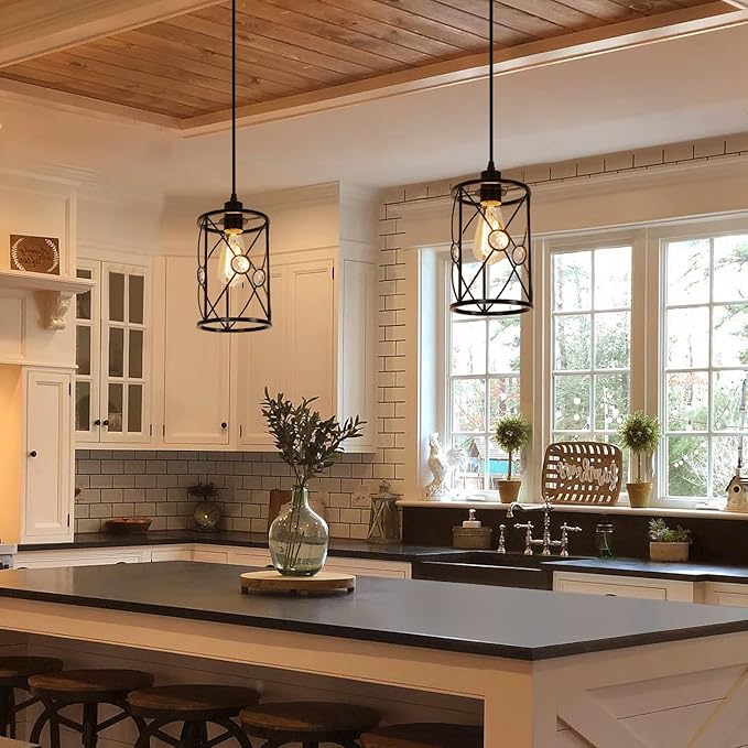 Plug in Industrial 2 Pack Farmhouse Pendant Light, Mini Cage Pendant Lighting in Black Finish with Crystal, Adjustable Length Hanging Light Fixture for Hallway, Bedroom, Living Room, Kitchen