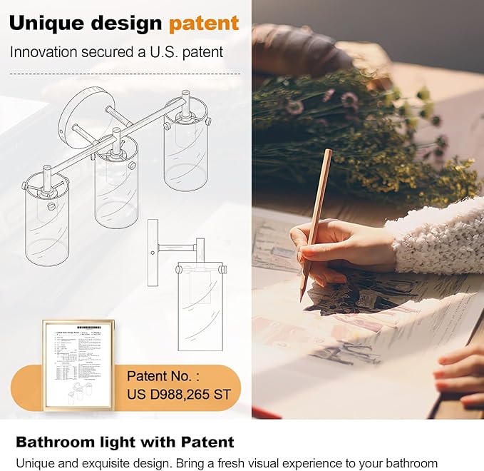 Indoi Bathroom Light Fixtures, 3-Light Brass Vanity Light, Black Bathroom Lights Over Mirror with Clear Glass Shade, Wall Sconces for Mirror Bedroom Living Room Hallway