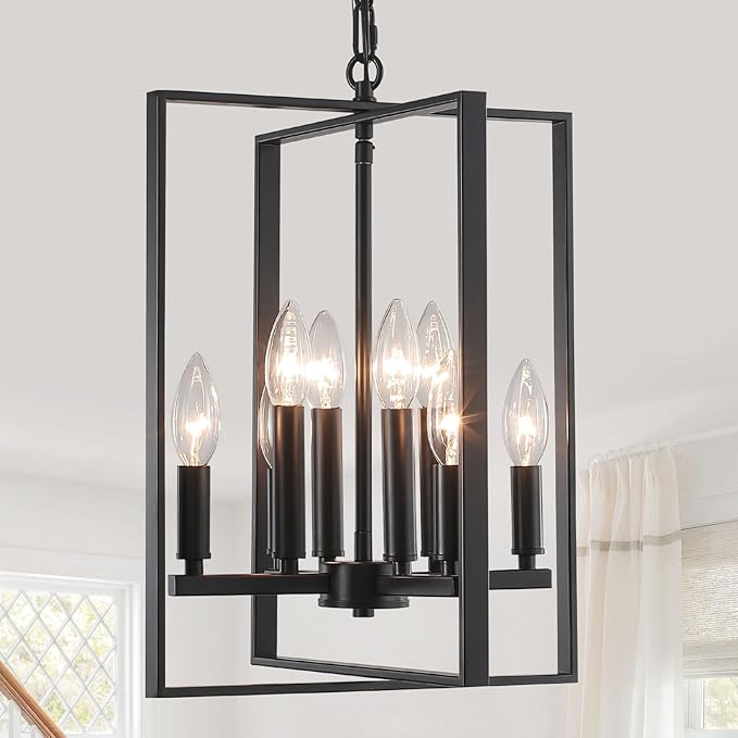 12.79" Black Chandelier 8-Light Modern Farmhouse Chandeliers for Dining Room Light Fixture Rustic Adjustable Pendant Light Fixtures Vintage Chandelier for Foyer Kitchen Entryway Living Room E12