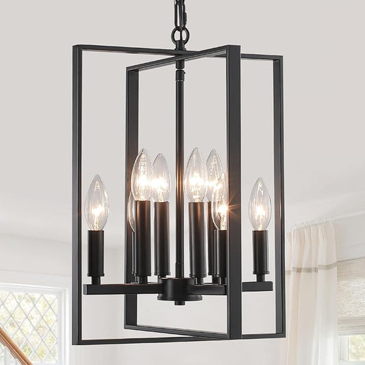 12.79" Black Chandelier 8-Light Modern Farmhouse Chandeliers for Dining Room Light Fixture Rustic Adjustable Pendant Light Fixtures Vintage Chandelier for Foyer Kitchen Entryway Living Room E12
