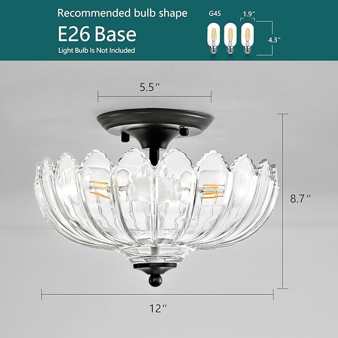 Clear Glass Ceiling Light Fixture - Handmade Art Glass Semi Flush Mount Lighting with 3 E26 Bases, Crystal-Like Transparency for Bedroom Kitchen Hallway, Modern Vintage Home Decor