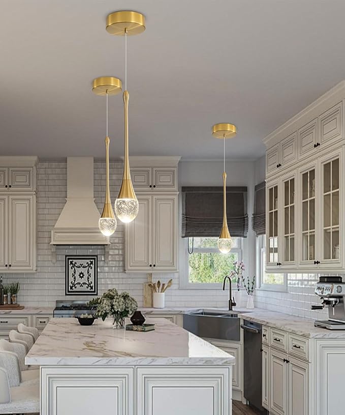 ykolupty Modern Crystal Pendant Light LED Dimmable Crystal Ceiling Pendant Lighting for Kitchen Island Dining Room Hallway Bedroom (Gold 3 Pack)