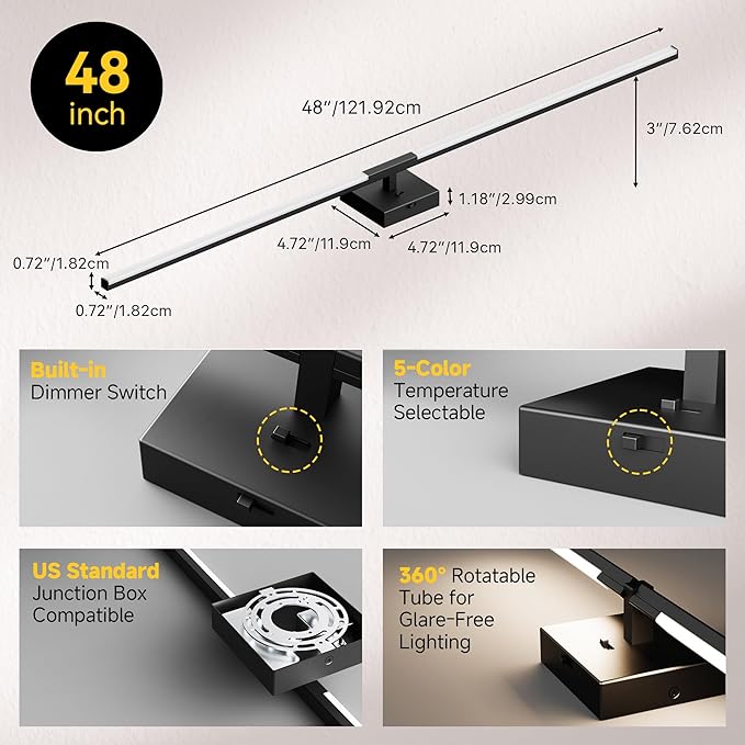 Vanity Lights 48 inch, 4-Level Brightness Built-in Dimmer, 28W Dimmable 5CCT Bathroom Light Fixtures Over Mirror, Black Vanity Lights for Bathroom Mirror Cabinets Bedroom-FCC ETL Certified