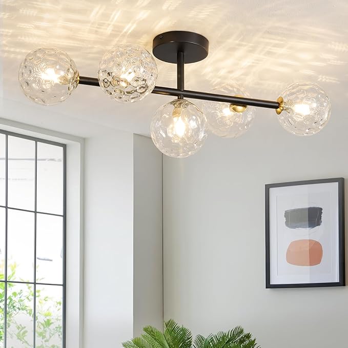 Modern Globe Glass Ceiling Light: 27 Inch Semi Flush Mount Light with Hammered Clear Glass Shade - 5 Lights Black Ceiling Lighting Fixture - Dimmable Linear Chandelier for Bedroom Living Room Entry