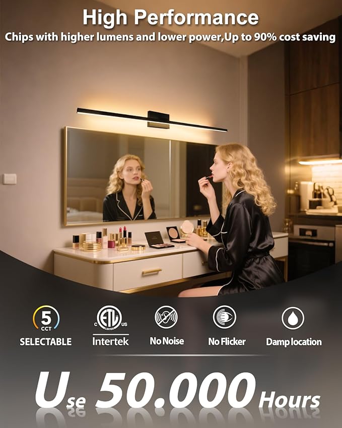 zouzai 2nd Gen Modern LED Bathroom Vanity Light Bar, Dual-Sided Black IP44 Wall Fixture Over Mirror, 5CCT Adjustable (2700K–5000K), 180° Rotatable, Dimmable – Upgraded Design(48 inch)