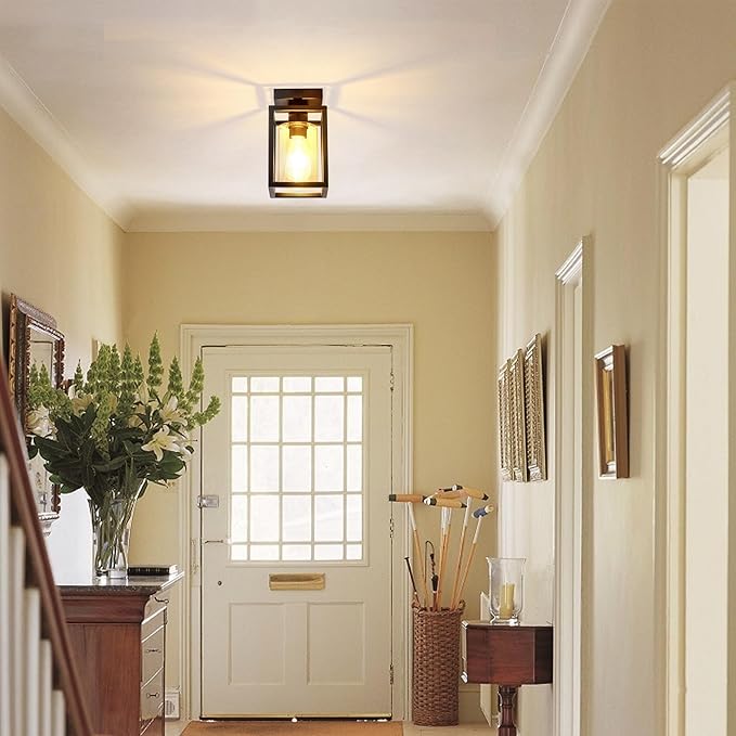 Mayful Flush Mount Ceiling Light Fixture with Clear Glass Shade, Farmhouse Black Metal Frame Light Fixture for Kitchen Island Entryway Porch Foyer Dining Room, E26 Ceramic Base
