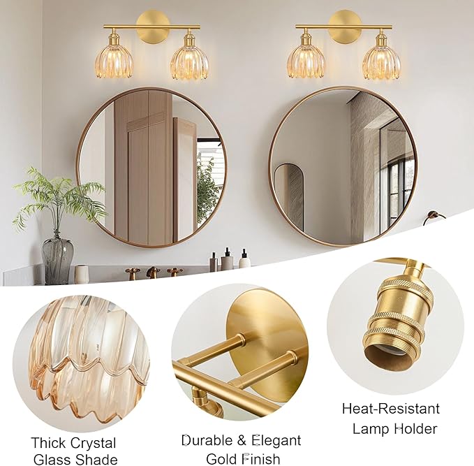 Gold Bathroom Light Fixtures Over Mirror, 2 Light Bathroom Vanity Light Fixture with Tulip Amber Glass Lampshade, Vintage Vanity Lights for Bathroom, Bathroom Vanity Lights Over Mirror