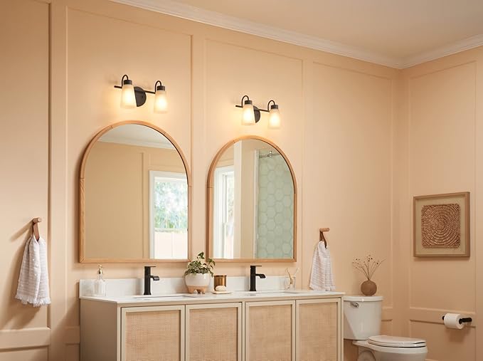 Kichler Stamos 2-Light Bathroom Vanity Light Fixture with Satin Etched Glass Shades, Modern Wall Light in Black for over Mirror Lighting Installation, 13 in x 8 in x 5 in, 55120BK