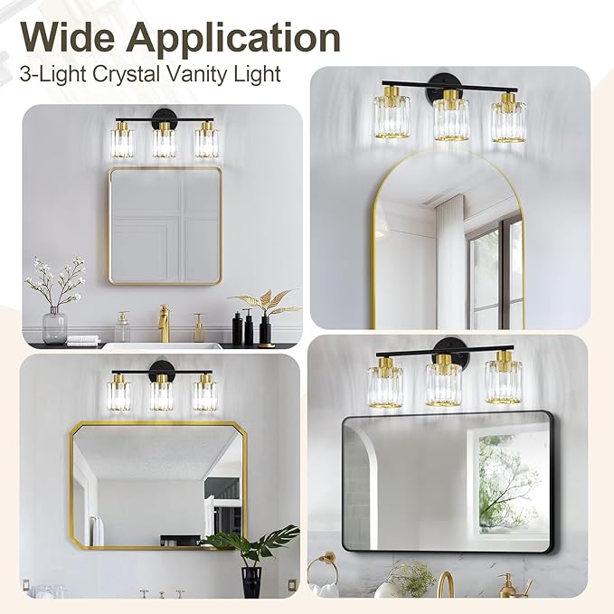 Crystal Bathroom Light Fixtures, Bathroom Lighting Fixtures Over Mirror, Modern Black Gold 3-Light Vanity Lights for Mirror, Restroom, Bedroom (Ceramic E26 Socket,Bulbs Not Include)
