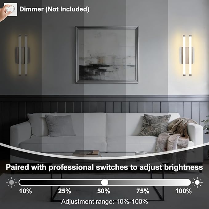 Bathroom Vanity Light Bar, 24 Inch 18W 3CCT Dimmable Modern LED Vanity Wall Light, Brushed Nickel Acrylic Hardwired Bathroom Light Fixtures over Mirror, Powder Room, Hallway, Washroom, Bath Entryway