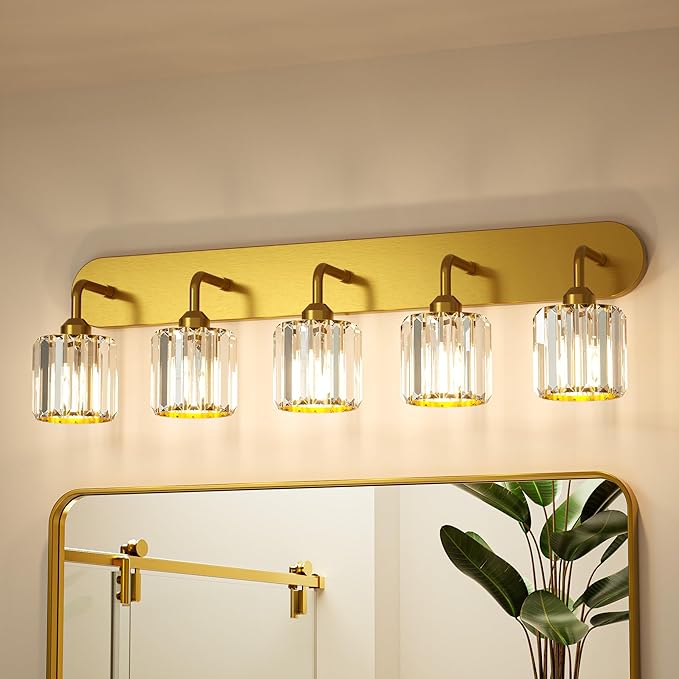 Keonjinn 5-Light Bathroom Light Fixtures, Crystal Gold Bathroom Vanity Lights Over Mirror, Vanity Lighting Fixtures with Crystal Square Shades (E26 Socket, Exclude Bulb)