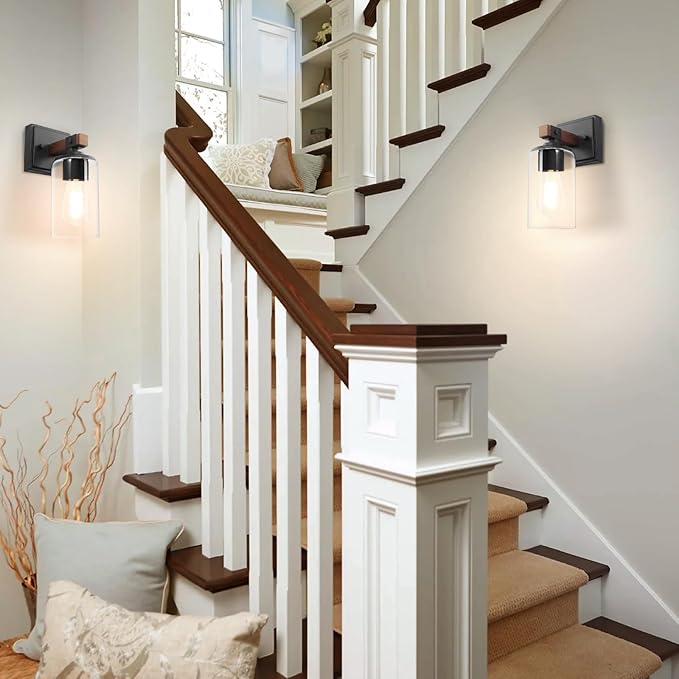 Wall Sconces Set of 2, Farmhouse Rustic Vanity Lights, Dark Brown Wood Grain Rustic Wall Sconce with Clear Glass Shade for Mirror, Bathroom, Bedroom, Hallway, E26, Hardwired(Bulbs Not Included)