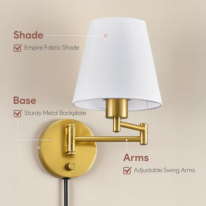 VONLUCE Wall Sconce Set of 2, Plug in & Hardwired Swing Arm Wall Lamps, Adjustable Wall Mounted Lighting Fixtures, Modern Wall Lights with Golden Base White Fabric Shade for Bedside, Hallway, Study