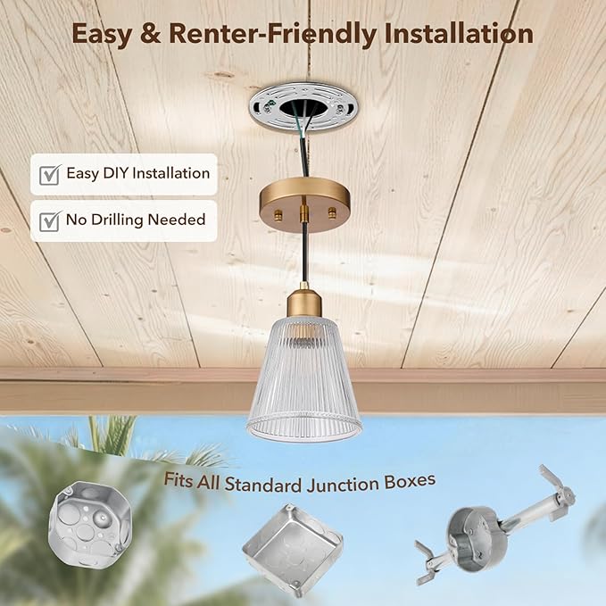 Pendant Light Kitchen Island, Modern Pendant Light Fixture with 5.8mm Thick Glass Shade, Adjustable Gold Hanging Light Fixture for Kitchen Sink, Dining Room, Entryway, 1 Pack