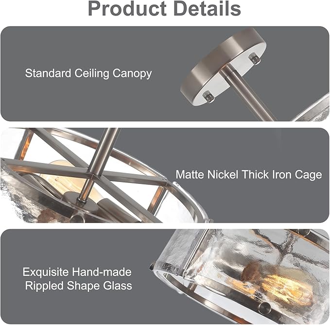 Modern Semi Flush Mount Ceiling Light Fixture, Brushed Nickel Dining Room Light Fixture, 2-Light Glass Foyer Lighting Fixtures 12.8" Small Ceiling Lights for Hallway Living Laundry Room Bedroom